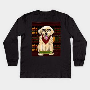 Golden Labrador “Labrarian” in library wearing glasses and red scarf cute Golden Labrador retriever puppy dog Librarian Kids Long Sleeve T-Shirt